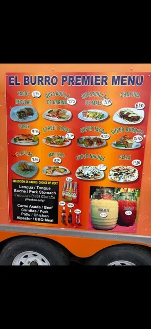 El Burro Premier menu board showing taco, burrito, torta and quesadilla prices