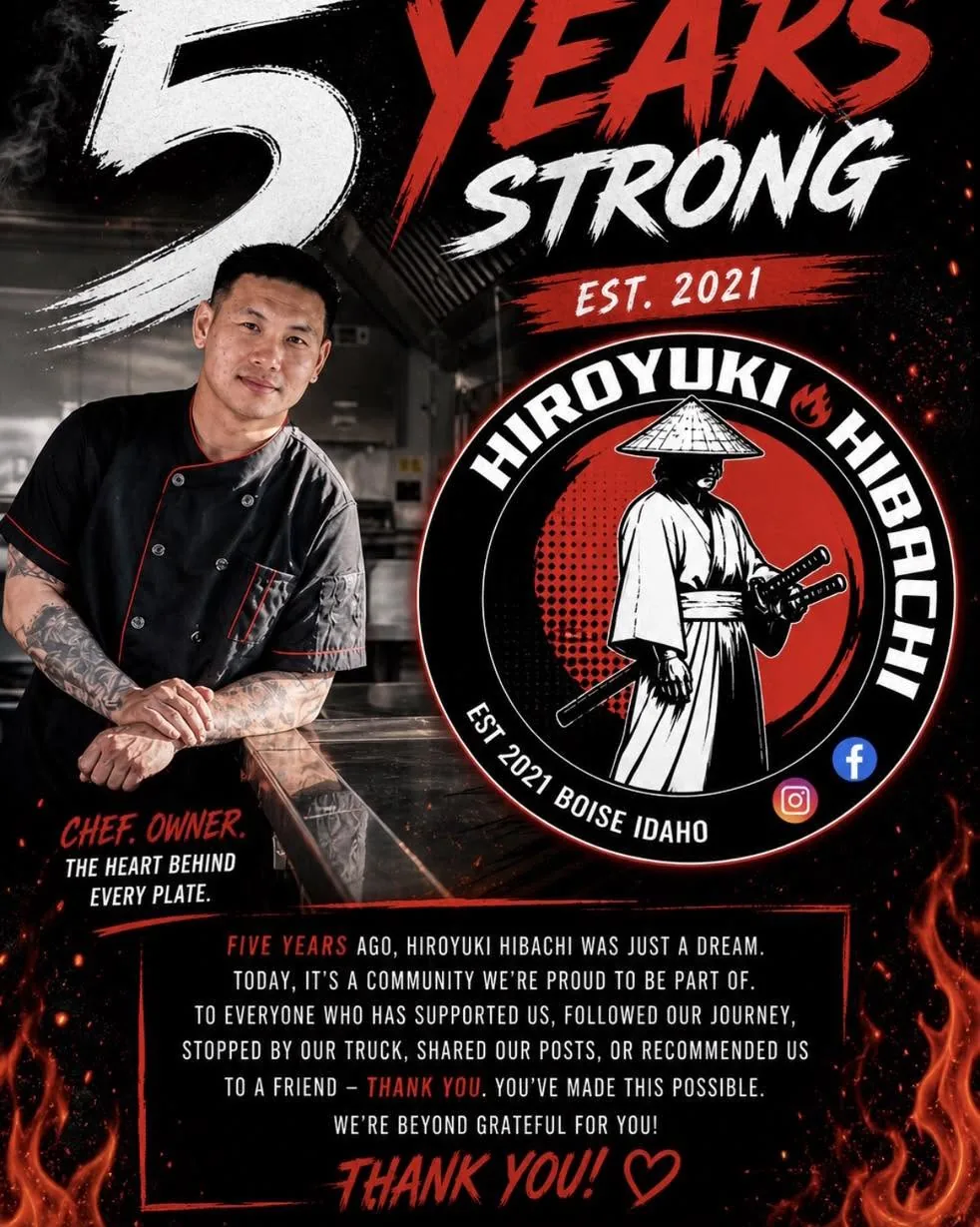 Chef Ben, owner of Hiroyuki Hibachi, in the food truck kitchen in Boise, Idaho — five years in business