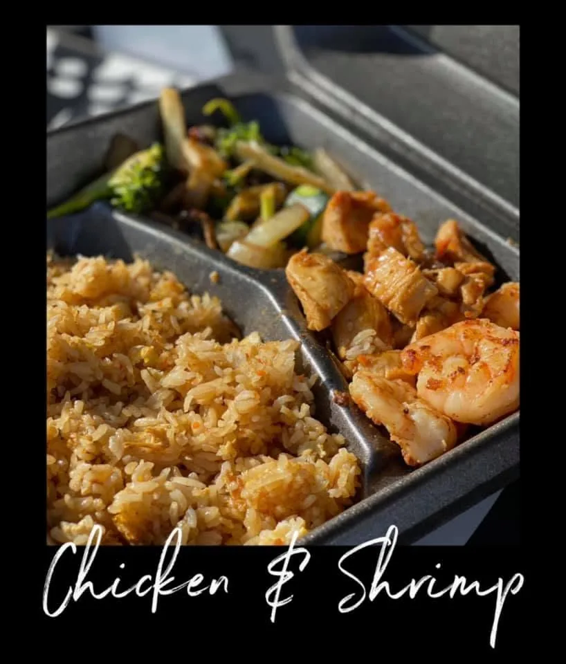 Teriyaki chicken and hibachi shrimp combination plate with fried rice and vegetables from Hiroyuki Hibachi in Boise, Idaho