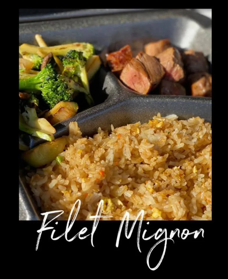 Filet mignon hibachi plate with fried rice and grilled broccoli and zucchini from Hiroyuki Hibachi food truck in Nampa, Idaho
