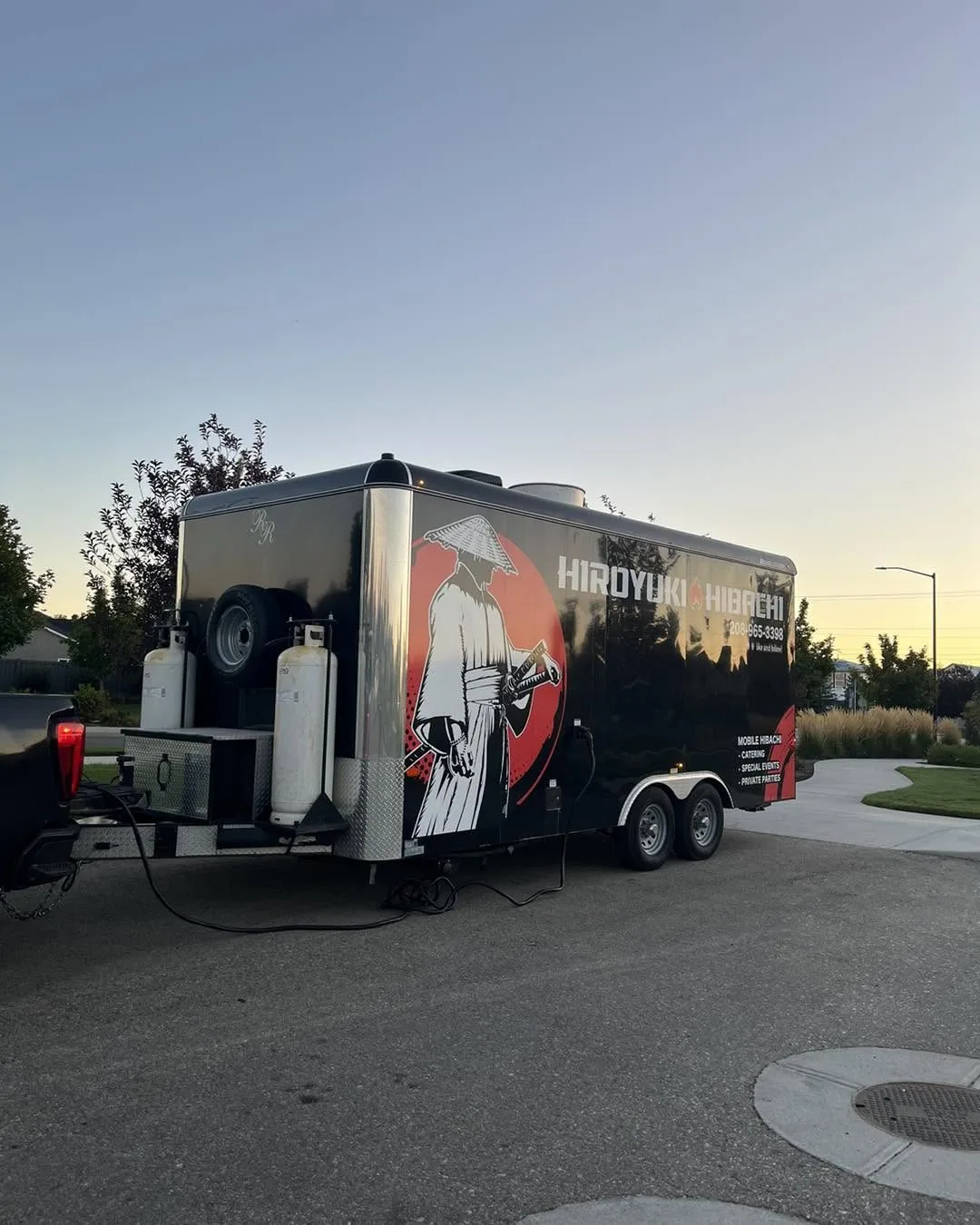 Hiroyuki Hibachi food truck parked at dusk, ready for a pop-up in the Treasure Valley, Idaho