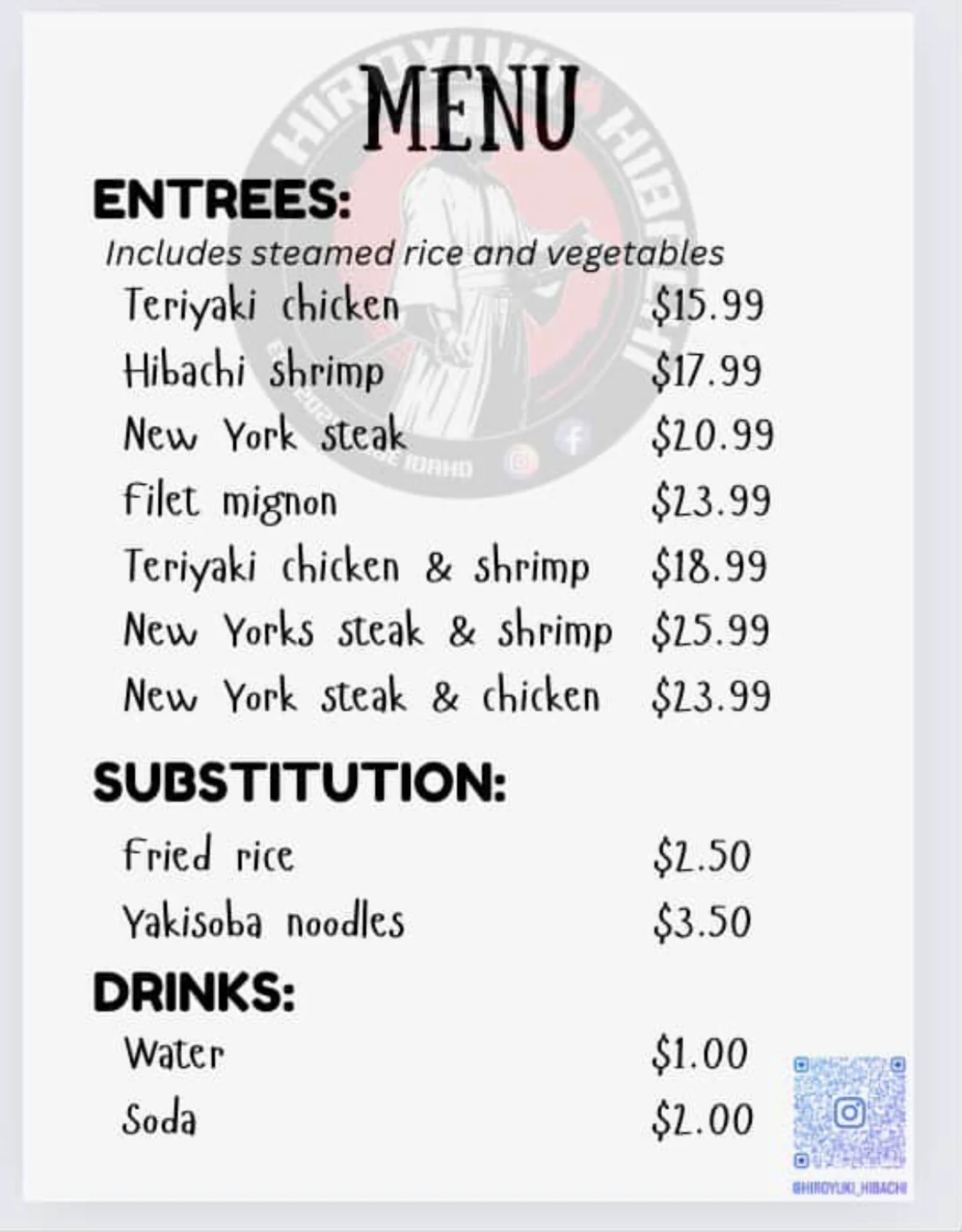 Hiroyuki Hibachi summer pop-up menu — teriyaki chicken, hibachi shrimp, New York steak, filet mignon and combination plates with prices, Nampa Idaho food truck