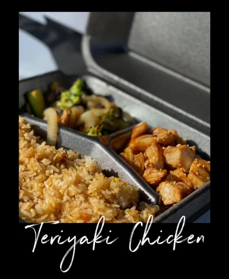 Teriyaki chicken hibachi plate with fried rice, grilled broccoli, zucchini and onion from Hiroyuki Hibachi food truck in Caldwell, Idaho